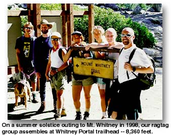 On a summer outing to Mt. Whitney our ragtag group assembles at Whitney Portal trailhead.