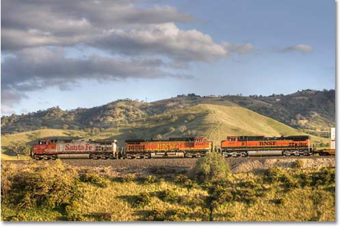 RAILROADS:On Bodfish/Bena road near Caliente, Calif. three BNSF engines head up the grade toward the Tehachapi Mountains summit. BNSF and Union Pacific share the line that crosses the mountains.