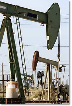 OIL: Alien-looking oil pumps crowd the oil fields outside Bakersfield. 