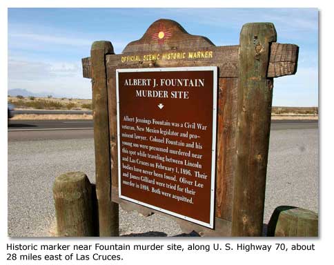 Historic marker near Fountain murder site, along U.S. Highway 70, about 28 miles east of Las Cruces.