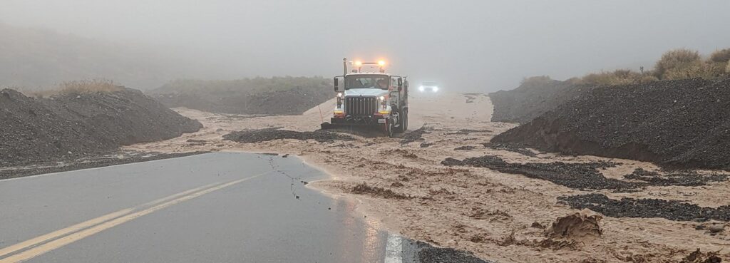 Floodwaters carrying rocks undercut pavement along CA-190 east of Furnace Creek. Photo taken the morning of August 21, 2023.
California Highway Patrol (CHP) Photo