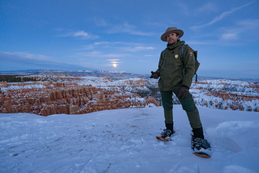 Park Ranger in snow at Bryce Canyon