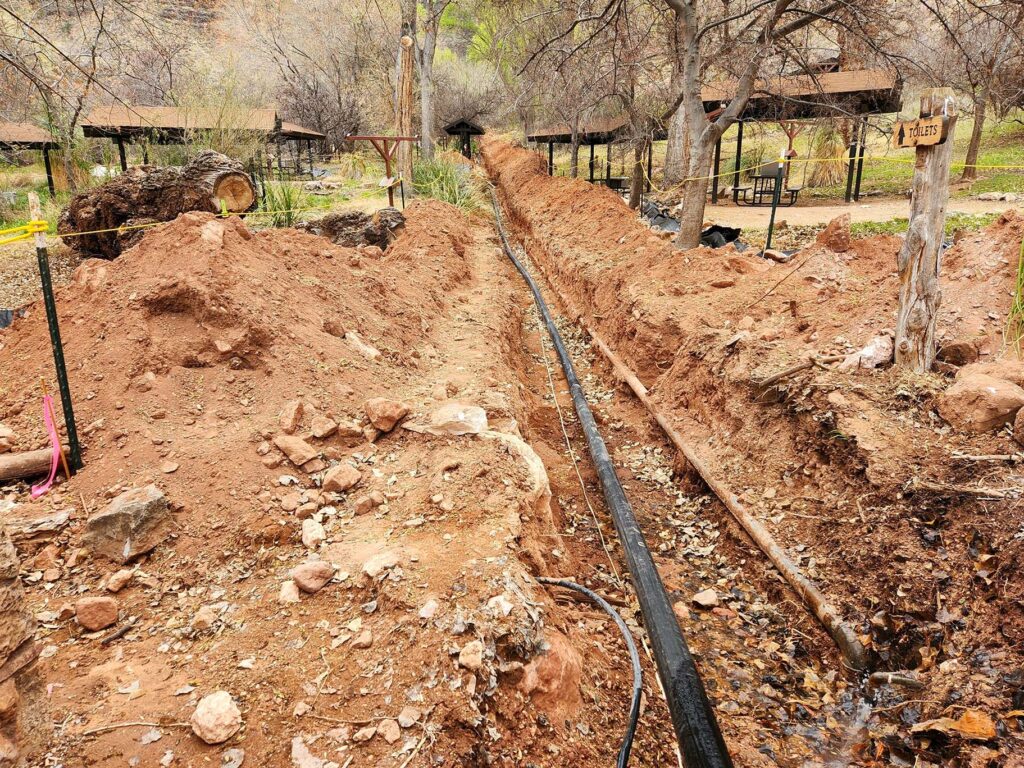 A view of new water distribution line being installed throughout Havasupai Gardens for the Transcanyon Waterline project at Grand Canyon National Park. NPS/N. Powell