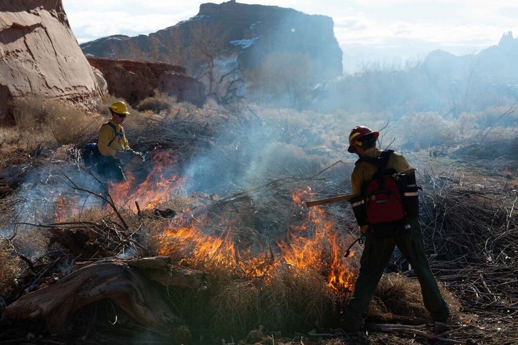 fire fighter putton out fire at national park. NPS/Wonderly